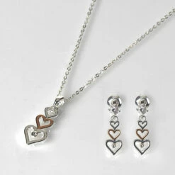 Equilibrium Two Tone Trio Of Hearts Necklace & Earrings Gift Set