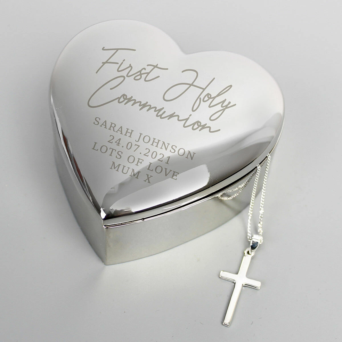 Personalised First Holy Communion Heart Trinket Box & Cross Necklace Set 3 Personalised First Holy Communion Heart Trinket Box & Cross Necklace Set