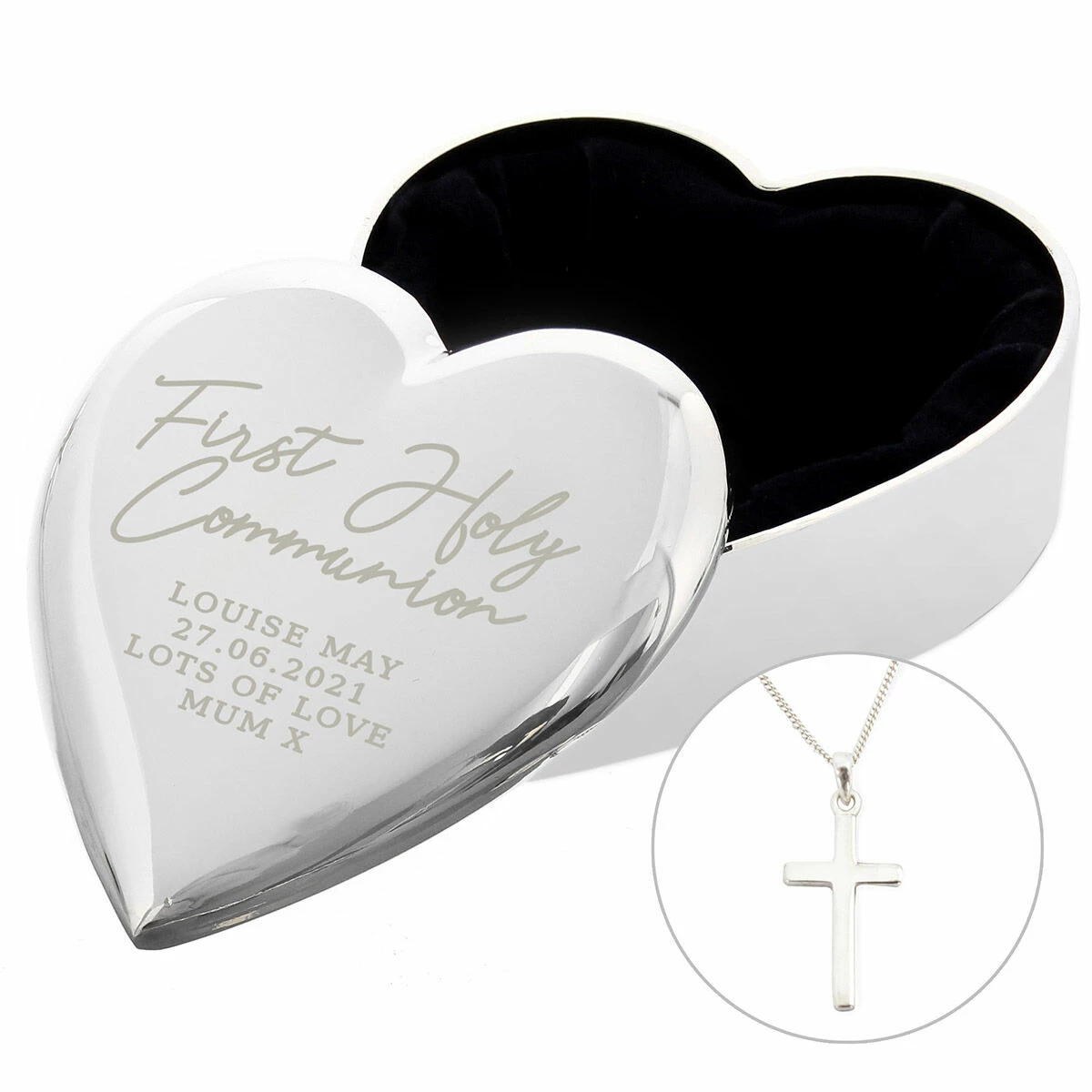 Personalised First Holy Communion Heart Trinket Box & Cross Necklace Set 4 Personalised First Holy Communion Heart Trinket Box & Cross Necklace Set - Image 2