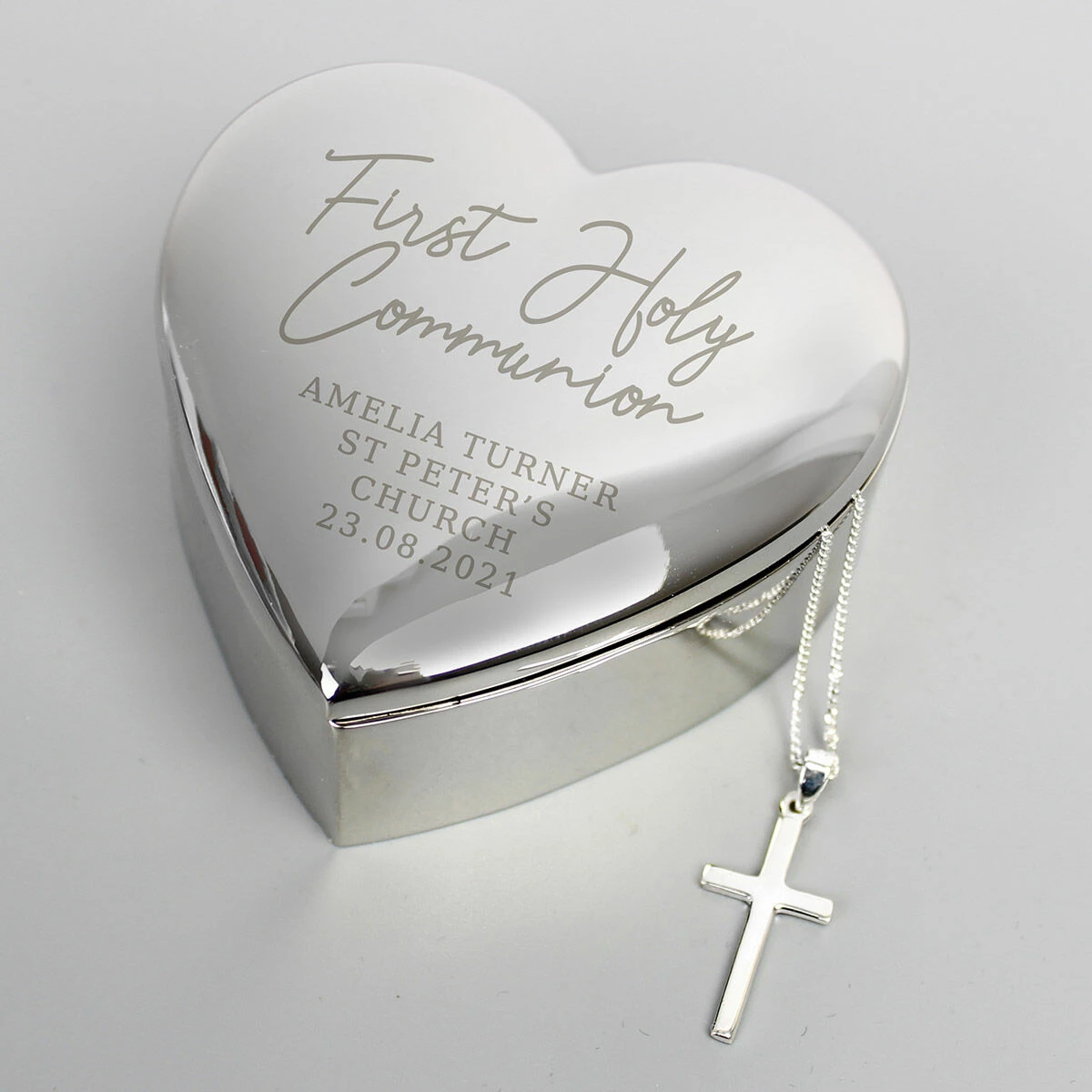 Personalised First Holy Communion Heart Trinket Box & Cross Necklace Set 5 Personalised First Holy Communion Heart Trinket Box & Cross Necklace Set - Image 3