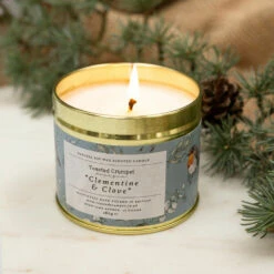 Toasted Crumpet ‘Clementine & Clove’ Robin & Eucalyptus Christmas Tin Candle -gifts sale tc19 toasted crumpet clementine clove robin eucalyptus christmas tin candle 1
